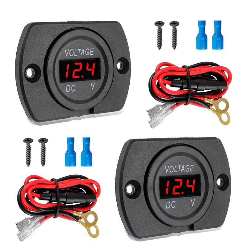 EPLZON 2 Pack DC 12V 24V Waterproof Car Voltmeter with Red LED Digital Display Panel and Mounting Plate Round Voltage Gauge Meter with Terminal for Boat Marine Motorcycle Truck(Red Light) - Image 1